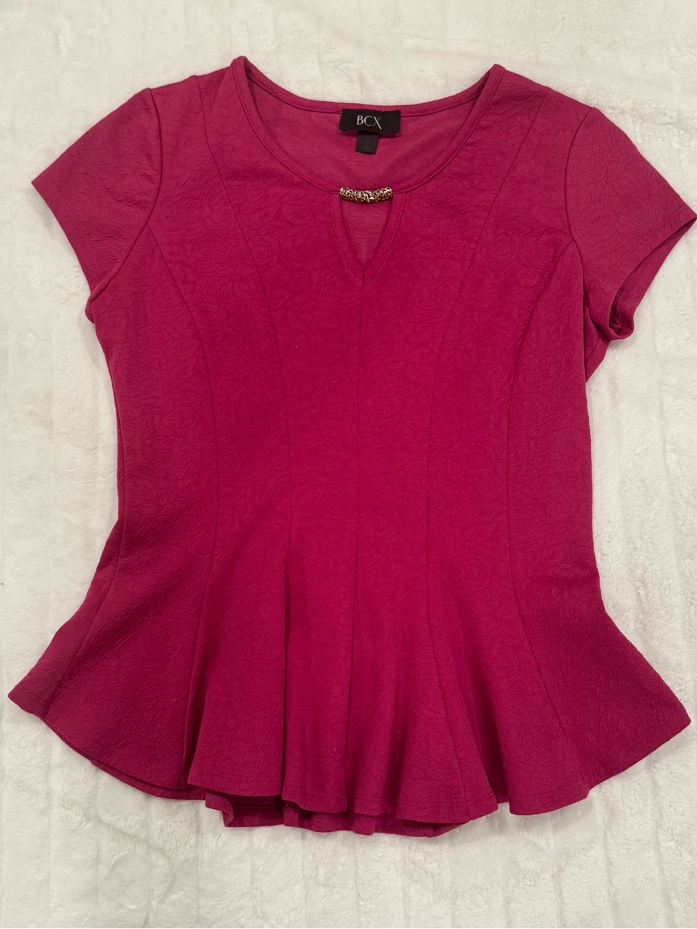 BCX Magenta Peplum Short-Sleeve Top with Decorative Neck Accent